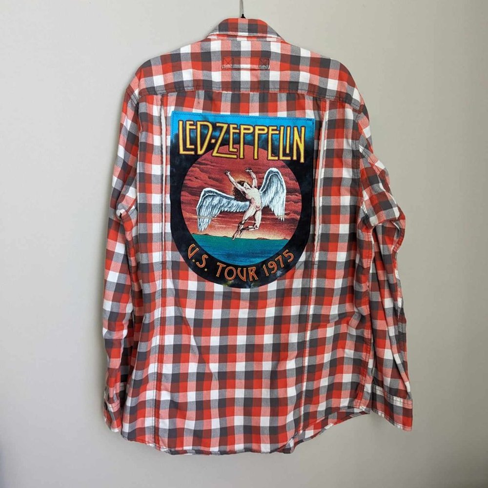 Led Zeppelin Music Band Custom Orange Plaid Flannel Button Down Shirt Large Tall